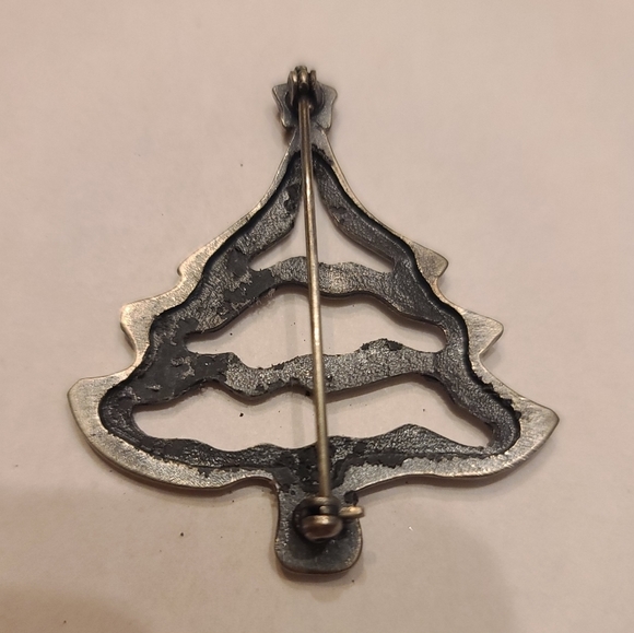 Vintage Silver Tone Red Green Christmas Tree Brooch Pin - Picture 2 of 2